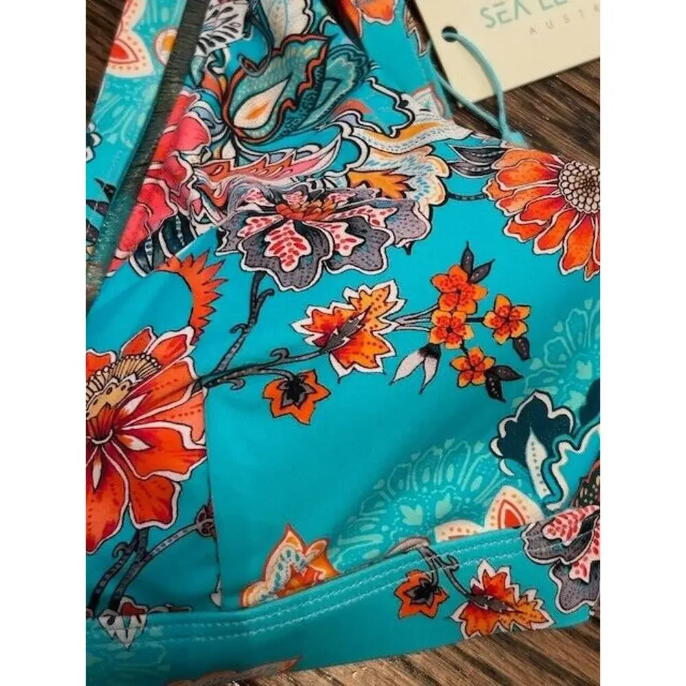 Sea Level Australia Dominica Triangle Bikini Top Luminous Trim Floral Aqua‎ Sz 4